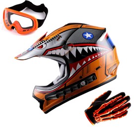 WOW Updated Youth Motocross Helmet Kids Motorcycle Bike Helmet Shark Orange + Goggles + Skeleton Orange Glove Bundle