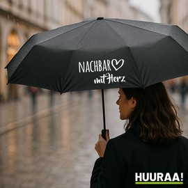 Huuraa Regenschirm Nachbar mit Herz Geschenk 98cm Schwarz Doppelautomatik Nachbar Geschenkidee