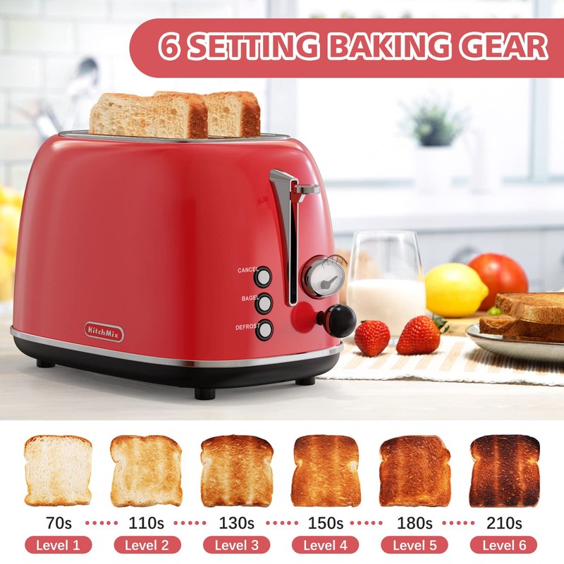 Toaster 2 slice,Retro Stainless Steel Toaster with 6 Settings, 1.5