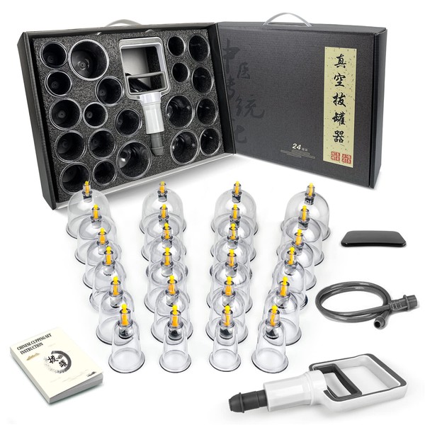 DEFUNX Cupping Therapy Set 24 Cups - Cupping Kit for Massage Therapy Professional Chinese Cupping Set with Case Pump Suction Cups for Cellulite Muscle Pain Relief Physical Therapy