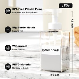 Kzeirm Foaming Soap Dispenser for Bathroom & Kitchen 15 Oz, Refillable Foam Hand Soap Dispenser for Liquid Soap, 2Pcs Foam Pump Bottle with Waterproof Labels, Clear