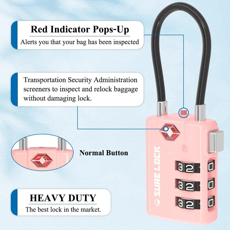 SURE LOCK TSA Compatible Travel Luggage Locks, Inspection Indicator, Easy
