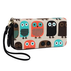 LATH.PIN Women Zipper Wallet Owl Wallet Purse Canvas Phone Card Holder with Coin Pocket and Strap