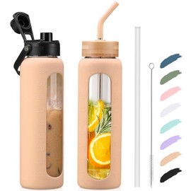 Kodrine Glass Water Bottles 32 oz Water Bottle with Straw, Sports Water Bottle with Handle, Clear Water Bottle with 2 lids Bamboo Lid and Spout Lid, Wide Mouth Water Bottle with Sleeve, Amber