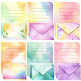 KSIWRE Watercolor Stationary Letter and Envelopes, 24 Lined Writing Paper with 12 Matching Envelopes, Double-Sided Printing, Multicolor, 8.3 x 5.5 Inches, 36 Pieces
