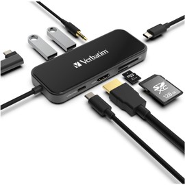 Verbatim Hub USB C 8 en 1 con dongle - Hub USB para portátil con PD de 100 W, 2 puertos USB 3.0, 2 puertos USB C, lectores de tarjetas SD, HDMI, puerto de audio de 3.5 mm, concentrador USB-C compacto