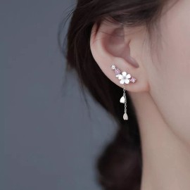 Fashion 925 Sterling Silver Cherry Blossom Tassel Drop Dangle Earrings
