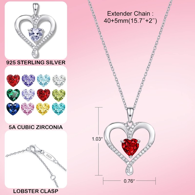 Birthstone Necklace for Women, 18K White Gold Heart Necklace Filled