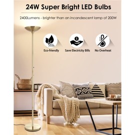 BoostArea Torchiere Floor Lamp Gold, 30W Super Bright LED Standing Lamp, 3000K Stepless Dimmable Pole Lamp with Rotary Switch, 70 Inch Tall Metal Modern Floor Lamps for Living Room/Bedroom/Office/Den