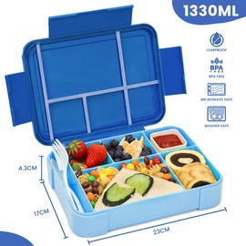 Bugucat Bento Lunch Box 1330ML,kids Lunch Box Bento Boxes with 6 Compartments Cutlery,Leak Proof Lunchbox Snack Boxes for Kids Adult,Kids Lunch Box with Compartments for School Kindergarten Blue