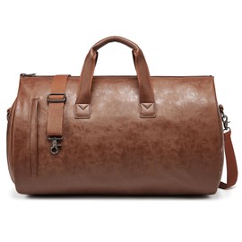 Leather Garment Bag，Convertible Garment Duffel Bag for Travel Mens Suit Bag 2 in 1 Waterproof Foldable Carry on Garment Bag with Shoulder Strap Weekender Bag with Shoe Pouch
