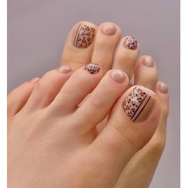 Leopard Print Press on Toenails Short Square Fake Toes Nude False Toenails with Design Glossy Glue on Toenails Acrylic Full Cover Stick on Toenails for Women Girls Foot Manicure 24 pcs