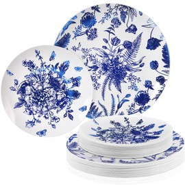 Kochorie 36 Pieces White & Blue Floral Disposable Plastic Plates, 10.25" and 7.5" Dinner and Dessert Plates Serving Dish Tray Heavy Duty Party Tableware Supplies for Weddings Birthdays