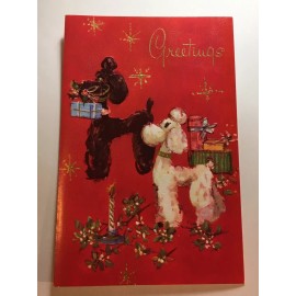 VTG UNUSED Black/White POODLE Dog XMAS Greeting CARD Embossed MCM Starburst Gold