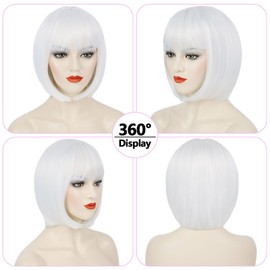 Guree Hair White Bob Wig with Bangs Short Straight Bob Wigs for Women Heat Resistant Synthetic Bangs Wig for Daily Party Cosplay Use(12 Inch)