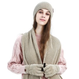 LumiSyne Winter 3 in 1 Scarf Hat Glove Set for Men Women Knitted Beanie Hat Jacquard Solid Color Scarf Touch Screen Gloves
