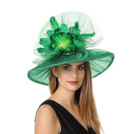 SAFERIN Derby Hat for Women Organza Fascinator Tea Party Wedding Church Dress Hats (US, Alpha, Medium, GZ-Green)