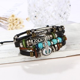 SOSUO Multilayer Leather Bracelet, Handmade Beaded Bracelet,Blue Eye Bracelet Vintage Hollow Carved Bracelet (Multicolor)