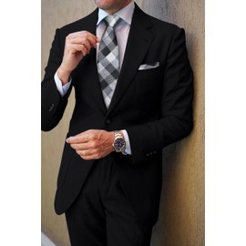 HISDERN Black Ties for Men Ties with Pocket Square Set Formal Casual Black White Plaid Necktie Light Grey Men’s Neckties Handkerchief for Wedding