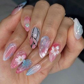 IMRAIN Press on Nails Medium Almond Fake Nails with 3D Flower Designs Pink Blue Ombre Artificial Nail Supplies Cute Acrylic False Nails Glue on Nails Summer Stick on Nails for Women Girls