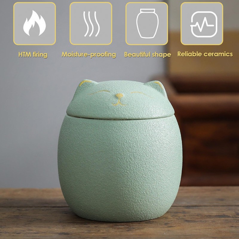 Umberdom Matte Ceramic Cat Ashes Urn, Light Green, Small