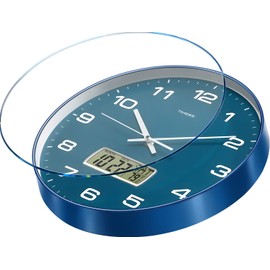 TIMESS Wall Clock, 12" Dial Non-Ticking Silent Battery Operated Analog with LCD Display for Perpetual Calendar and F° Temperature, Ideal Modern Home, Bedroom, Kitchen, Office Decor (Blue)