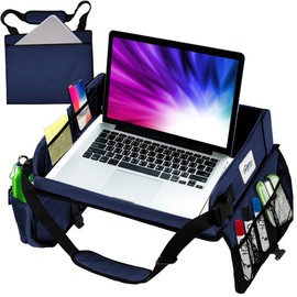 Travel Lap Desk, Travel Tray, Portable Lapdesk for Car, Remote Work, Road Trips, School, Laptop Pad with Storage Pocket, Tablet Holder, Shoulder Strap, Fits up to 15.6-Inch Laptop (Navy)