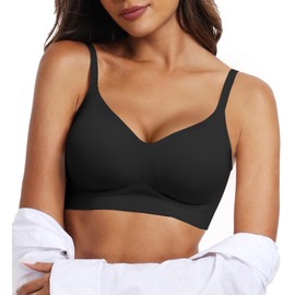 OEAK Womens Push Up Everyday Bras Comfortable Wireless Bralettes V Neck Seamless Bra Smooth Brassiere Wire Free Basic Bras Black M