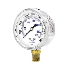PIC Gauges PRO-201L-254Q 0-4000 PSI Pressure Gauge, 2 1/2" Dial, 1/4" Male NPT Connection, Bottom Mount, Dual Scale, Glycerin Filled, Stainless Steel Case/Bezel, Brass Internals & Plastic Lens