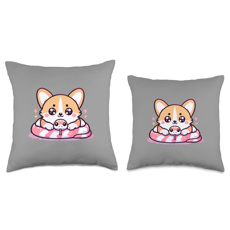 Funny Japanese Corgi Snake Kawaii Art Throw Pillow