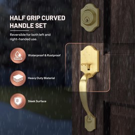 LOQRON Double Front Door Handle Set with Dummy and Deadbolt, Brushed Gold Entry Front Door Lock Set with Gold Classic Half Grip Curved Door Handle for Exterior Doors or Office, Satin Brass