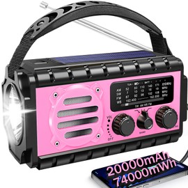 74000mWh Emergency Radio with NOAA Weather, Portable Hand Crank SW/AM/FM Survival Radio with Fast Charge Rechargeable Solar Battery, Flashlight, Reading Lamp,SOS Sirenor Home Outdoor(Pink)