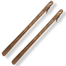 Brosisincorp Wooden Shoe Horn Long Handle For Seniors 23.6" Easy Wear Helper Shoehorns Women Kids Baby Elderly Hanging Rings (Black Walnut 2 Pack)