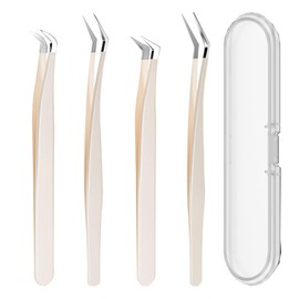 YGCQFH Set of 4 Eyelash Tweezers, Eyelash Tweezers Set Made of Stainless Steel, Curved Tweezers, Tweezers for Extension False Eyelashes, Eyelash Tweezers for Eyelash Extensions (Beige)