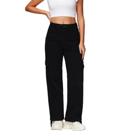 GUNLIRE Black Cargo Pants for Women Baggy High Waisted Wide Leg Y2K Stretch Drawstring Cuffs Casual Pants Streetwear with 6 Pockets,Black,6