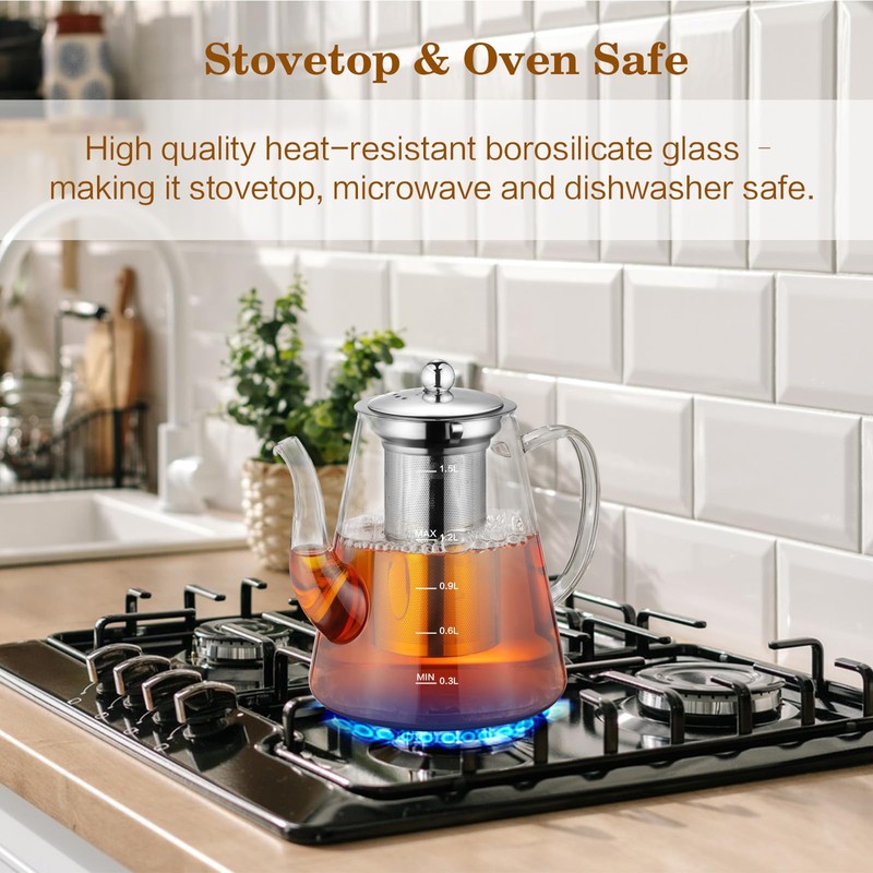 Zpose 1500ml Glass Teapot, Large Tea Pot with Infuser for