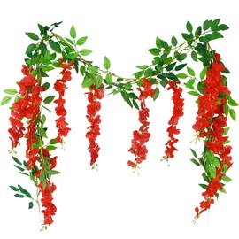 GhuaH 2 Pcs Wisteria Garland Artificial Flowers Wisteria Hanging Flowers Garland Red 12 Ft Fake Greenery Silk Hanging Flower Vines for Wedding Arch Party Baby Shower Outdoor Indoor Ceremony