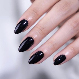 Acrylic Press on Nails Short Almond Fake Nails Solid Color Black Full Cover Glue on Nails Glossy False Nails Press ons Artificial Stick on Nails for Women Girls 24Pcs