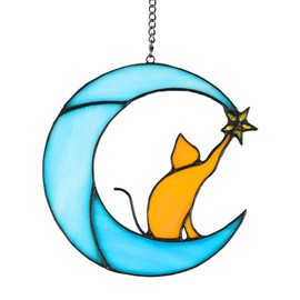 Zedesey Stained Glass Cat on Moon Pick Star Window Hanging Suncatchers Cat Memorial Gift Cat Decor Cat Lover Gifts for Women (Orange Cat on Blue Moon)