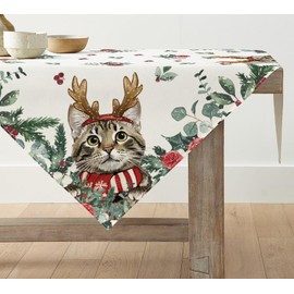 Artoid Mode Holly Eucalyptus Cat Christmas Tablecloth, Seasonal Table Linen, Winter Kitchen Table Decoration, Indoor, Holiday, Party Decor, 85 x 85 cm