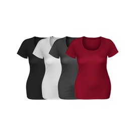 Emmalise Women's Short Sleeve Tshirt Scoop Neck Tee Value Set (4Pk, Bk, Wh, HChr, Dk Red, Large)