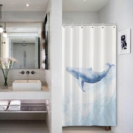 ASDCXZ Whale Shower Curtain 120 x 200 cm, Modern Art Watercolour Blue Whale Ocean Animal White Bathroom Washable Narrow Shower Curtains Polyester Textile Waterproof Shower Curtain for Bath with 8