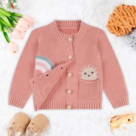 Loyfoky Baby Toddler Cardigan 100% Cotton Outwear Embroidery Sweater Long Sleeve Knit Coats Boy Girl Clothes Pink 6-12 Months