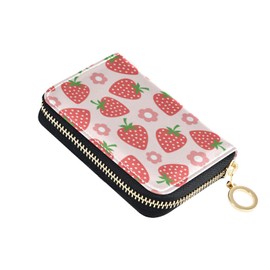 Credit Card Holder Wallet for Women RFID Blocking Zipper Card Cases Strawberry Cute Pink Leather Slim Small