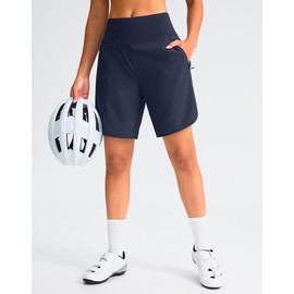 Women's Mountain Bike Shorts 4D Padded Cycling Shorts with Zipper Pockets High Waist Biking Riding Bicycle Shorts(Navy,L)