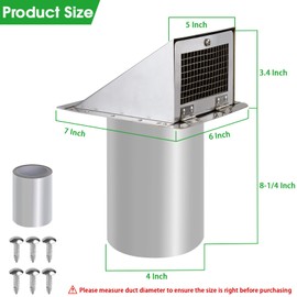 Dryer Vent Cover Outdoor 4 Inch,Dryer Vent Cover Outside,Exterior Hooded Wall Vent w/Screen & Damper,Wall Mount Extractor Vent Cap Exhaust Vent Cover for Dryer Duct AC Air Ventilation,Stainless Steel