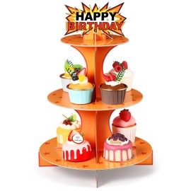 Oudain Anime Theme 3-Tier Cupcake Stand Orange and Red Stars Print Themed Cardboard Cupcake Tower for Cartoon Truck Theme Birthday Party Decor