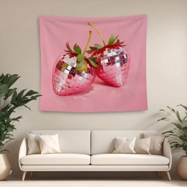 QGFM Strawberry Tapestry, Hot Pink Preppy Girly Strawberry Tapestry Wall Hanging, Trendy Funky Y2K Disco Ball Strawberries Wall Decor Blanket for Girls Room College Dorm Apartment, 50x60 Inches
