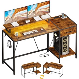 Lkeiyay 55 Inch Computer Desk with Power Outlets and LED Light, Gaming Desk with Wooden Drawers, Office Desk with Monitor Stand and Headphone Hook, Rustic Brown
