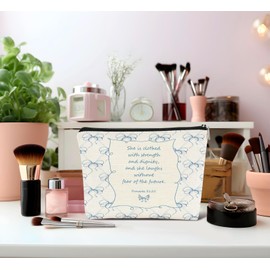 Dejfel Coquette Bow Jesus Makeup Bag,Light Blue Cosmetic Bags Zipper Pouch Travel Toiletry Bag,Preppy Aesthetic for Teen Girls,Cute Makeup Bag for Birthday Party Girls Travel Storage Accessories